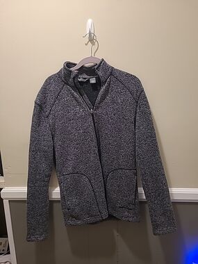 Eddie Bauer S full-zip sweater jacket mock neck gray black tweed knit pockets